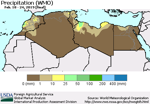 North Africa Precipitation (WMO) Thematic Map For 2/18/2019 - 2/24/2019