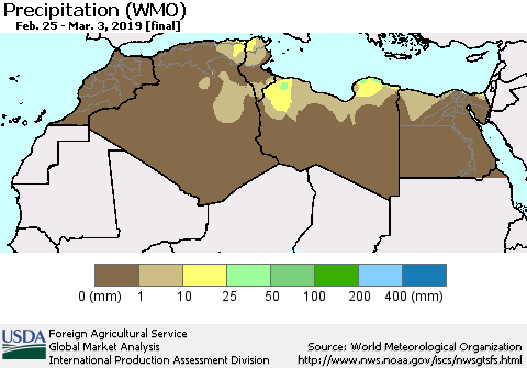 North Africa Precipitation (WMO) Thematic Map For 2/25/2019 - 3/3/2019