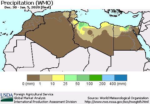 North Africa Precipitation (WMO) Thematic Map For 12/30/2019 - 1/5/2020