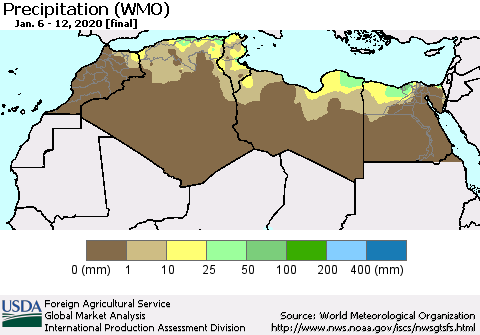 North Africa Precipitation (WMO) Thematic Map For 1/6/2020 - 1/12/2020