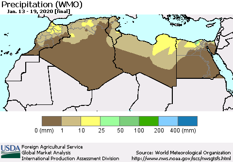 North Africa Precipitation (WMO) Thematic Map For 1/13/2020 - 1/19/2020