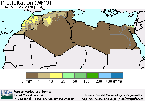 North Africa Precipitation (WMO) Thematic Map For 1/20/2020 - 1/26/2020