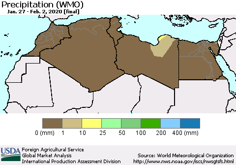North Africa Precipitation (WMO) Thematic Map For 1/27/2020 - 2/2/2020