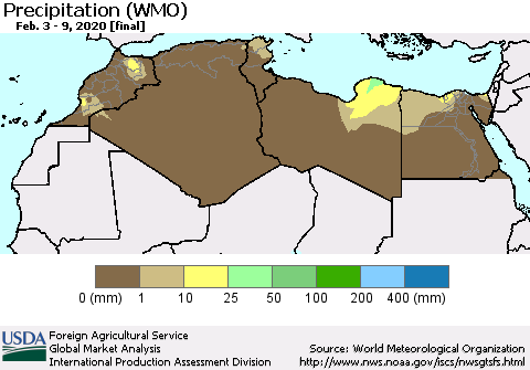 North Africa Precipitation (WMO) Thematic Map For 2/3/2020 - 2/9/2020