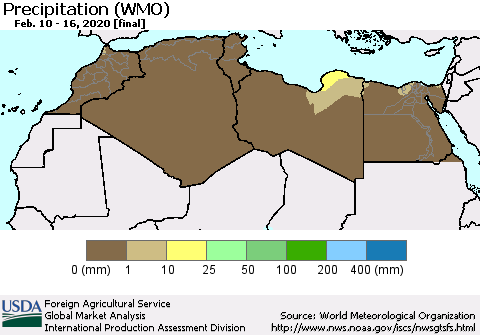 North Africa Precipitation (WMO) Thematic Map For 2/10/2020 - 2/16/2020