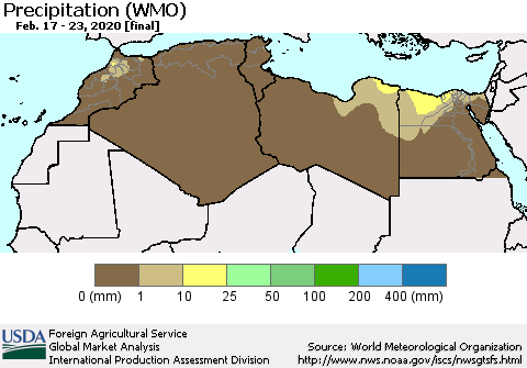 North Africa Precipitation (WMO) Thematic Map For 2/17/2020 - 2/23/2020