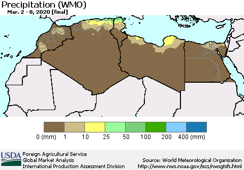 North Africa Precipitation (WMO) Thematic Map For 3/2/2020 - 3/8/2020