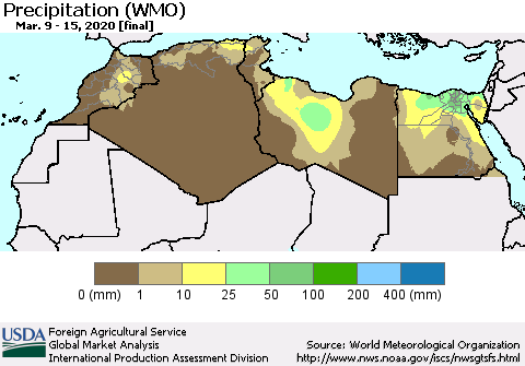 North Africa Precipitation (WMO) Thematic Map For 3/9/2020 - 3/15/2020