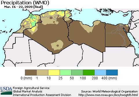 North Africa Precipitation (WMO) Thematic Map For 3/16/2020 - 3/22/2020