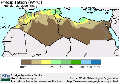 North Africa Precipitation (WMO) Thematic Map For 3/23/2020 - 3/29/2020