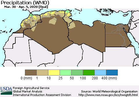 North Africa Precipitation (WMO) Thematic Map For 3/30/2020 - 4/5/2020