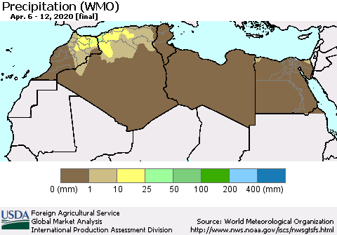 North Africa Precipitation (WMO) Thematic Map For 4/6/2020 - 4/12/2020