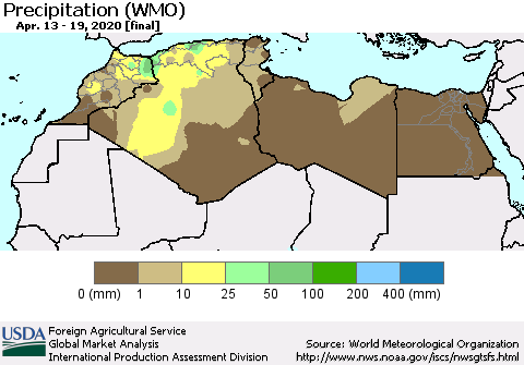 North Africa Precipitation (WMO) Thematic Map For 4/13/2020 - 4/19/2020