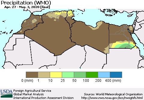 North Africa Precipitation (WMO) Thematic Map For 4/27/2020 - 5/3/2020
