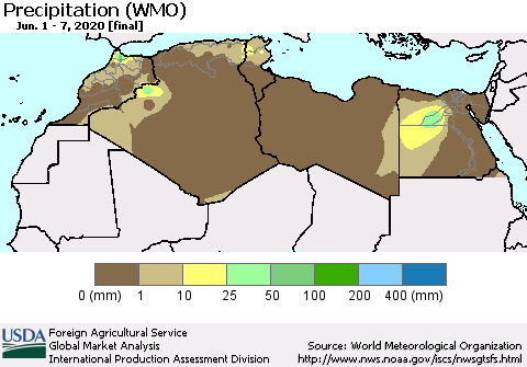 North Africa Precipitation (WMO) Thematic Map For 6/1/2020 - 6/7/2020