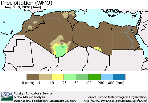 North Africa Precipitation (WMO) Thematic Map For 8/3/2020 - 8/9/2020