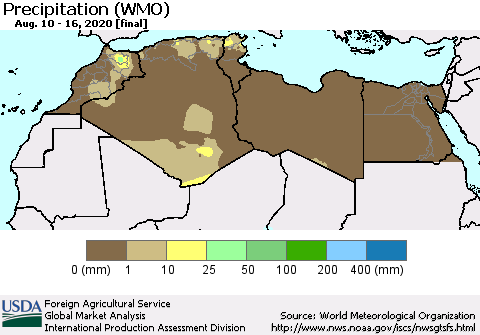 North Africa Precipitation (WMO) Thematic Map For 8/10/2020 - 8/16/2020