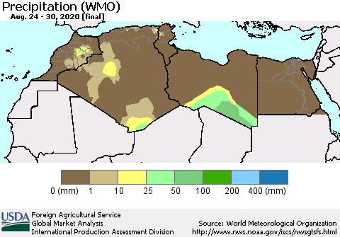 North Africa Precipitation (WMO) Thematic Map For 8/24/2020 - 8/30/2020