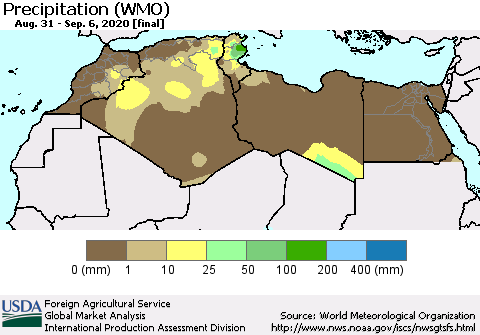 North Africa Precipitation (WMO) Thematic Map For 8/31/2020 - 9/6/2020