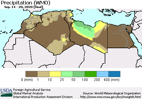 North Africa Precipitation (WMO) Thematic Map For 9/14/2020 - 9/20/2020