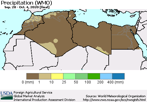 North Africa Precipitation (WMO) Thematic Map For 9/28/2020 - 10/4/2020