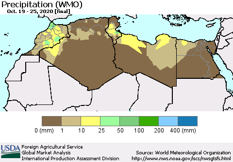 North Africa Precipitation (WMO) Thematic Map For 10/19/2020 - 10/25/2020