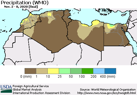 North Africa Precipitation (WMO) Thematic Map For 11/2/2020 - 11/8/2020