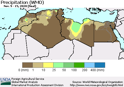 North Africa Precipitation (WMO) Thematic Map For 11/9/2020 - 11/15/2020