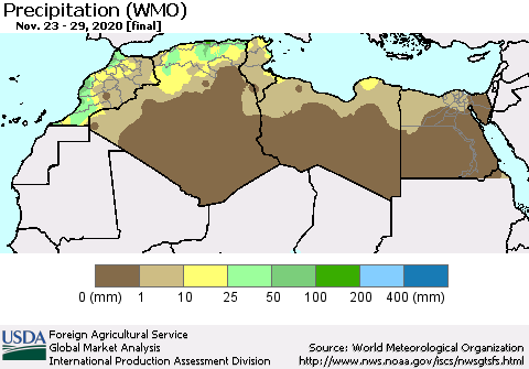 North Africa Precipitation (WMO) Thematic Map For 11/23/2020 - 11/29/2020