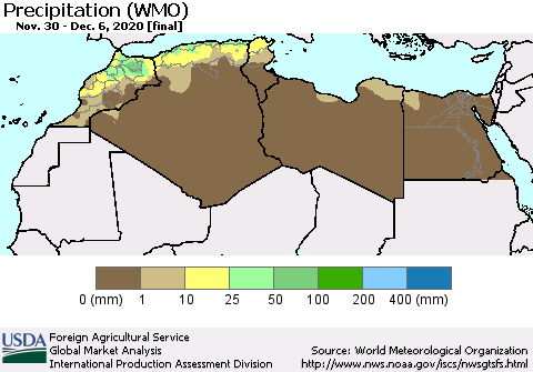 North Africa Precipitation (WMO) Thematic Map For 11/30/2020 - 12/6/2020