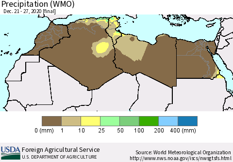 North Africa Precipitation (WMO) Thematic Map For 12/21/2020 - 12/27/2020