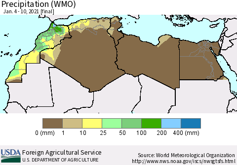 North Africa Precipitation (WMO) Thematic Map For 1/4/2021 - 1/10/2021