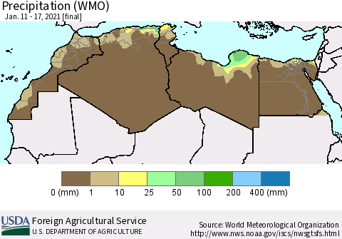 North Africa Precipitation (WMO) Thematic Map For 1/11/2021 - 1/17/2021