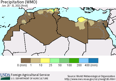 North Africa Precipitation (WMO) Thematic Map For 1/25/2021 - 1/31/2021
