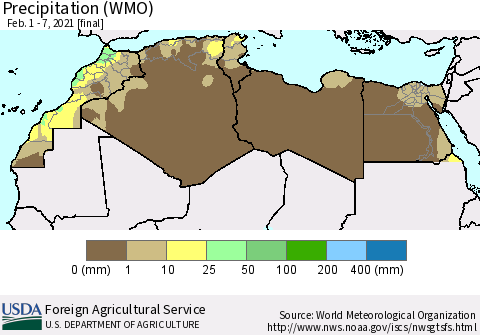 North Africa Precipitation (WMO) Thematic Map For 2/1/2021 - 2/7/2021