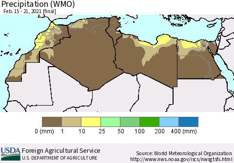 North Africa Precipitation (WMO) Thematic Map For 2/15/2021 - 2/21/2021