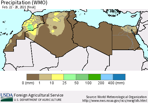 North Africa Precipitation (WMO) Thematic Map For 2/22/2021 - 2/28/2021