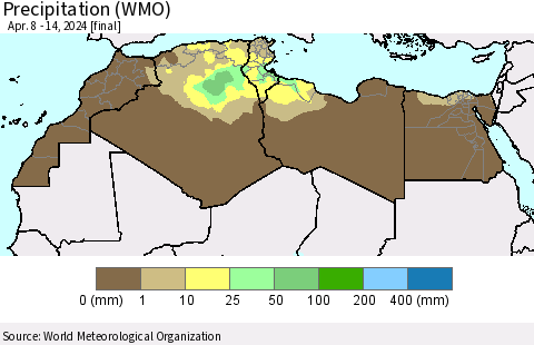 North Africa Precipitation (WMO) Thematic Map For 4/8/2024 - 4/14/2024
