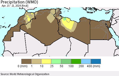 North Africa Precipitation (WMO) Thematic Map For 4/15/2024 - 4/21/2024