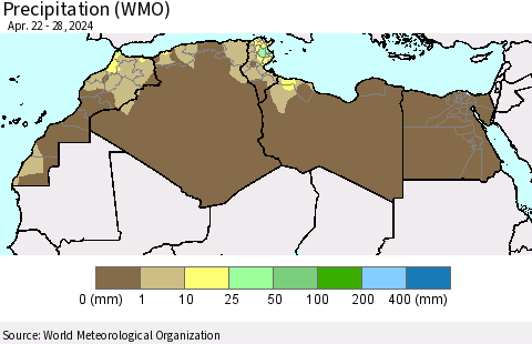 North Africa Precipitation (WMO) Thematic Map For 4/22/2024 - 4/28/2024