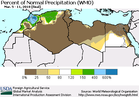 North Africa Percent of Normal Precipitation (WMO) Thematic Map For 3/5/2018 - 3/11/2018