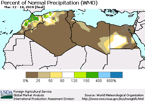 North Africa Percent of Normal Precipitation (WMO) Thematic Map For 3/12/2018 - 3/18/2018