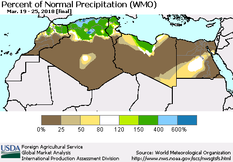 North Africa Percent of Normal Precipitation (WMO) Thematic Map For 3/19/2018 - 3/25/2018