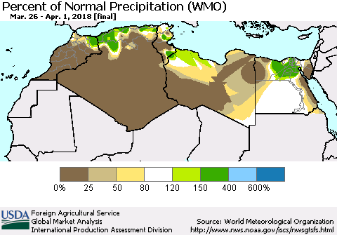 North Africa Percent of Normal Precipitation (WMO) Thematic Map For 3/26/2018 - 4/1/2018