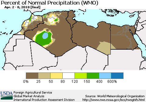North Africa Percent of Normal Precipitation (WMO) Thematic Map For 4/2/2018 - 4/8/2018