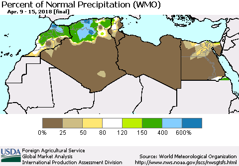 North Africa Percent of Normal Precipitation (WMO) Thematic Map For 4/9/2018 - 4/15/2018