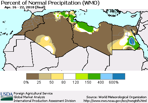 North Africa Percent of Normal Precipitation (WMO) Thematic Map For 4/16/2018 - 4/22/2018