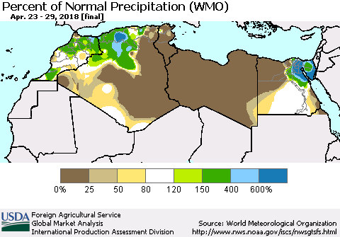 North Africa Percent of Normal Precipitation (WMO) Thematic Map For 4/23/2018 - 4/29/2018