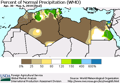 North Africa Percent of Normal Precipitation (WMO) Thematic Map For 4/30/2018 - 5/6/2018