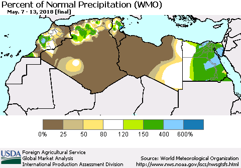 North Africa Percent of Normal Precipitation (WMO) Thematic Map For 5/7/2018 - 5/13/2018